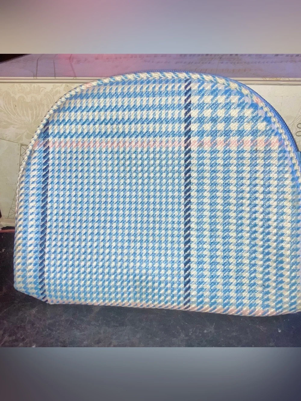 Ralph Lauren Blue & White Houndstooth Cosmetic Bag w/Pink Accents Rare Color HTF